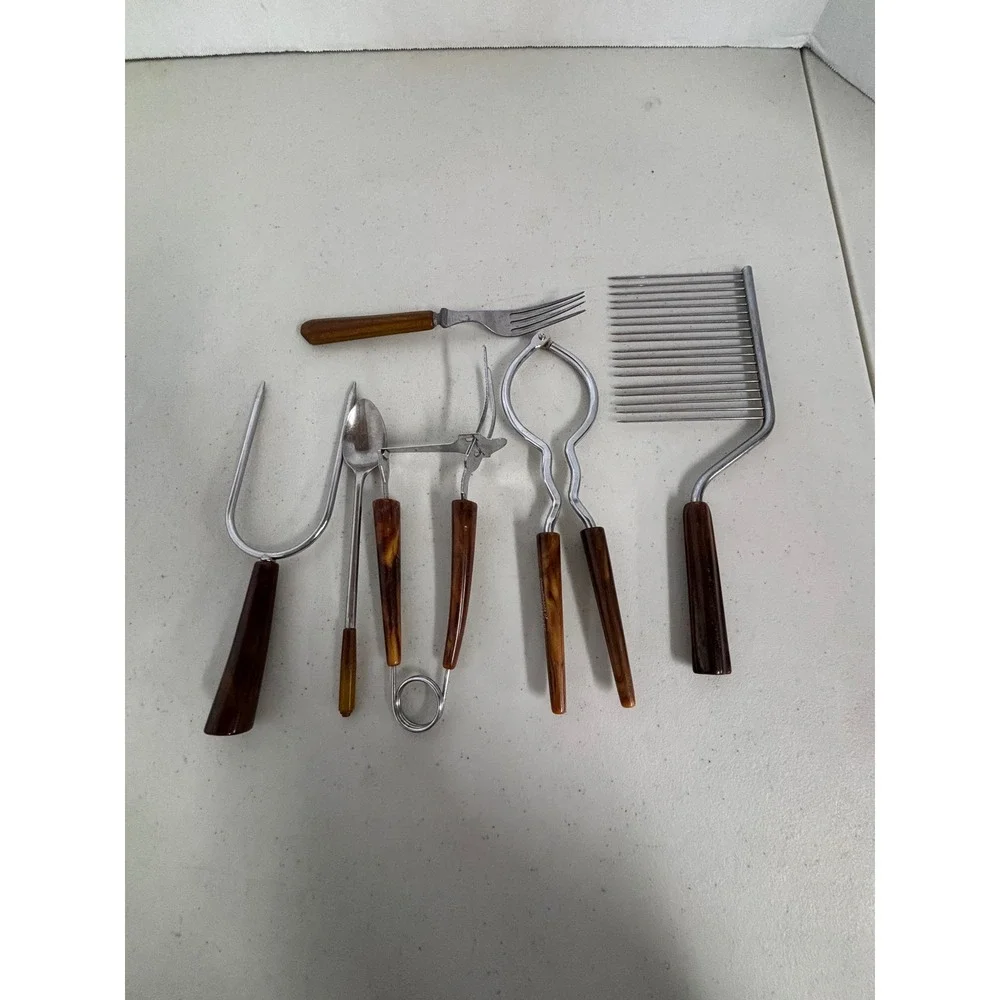 Vintage MCM Faux Tortoiseshell Handle Kitchen Tool Set Cake Breaker Nutcracker‎